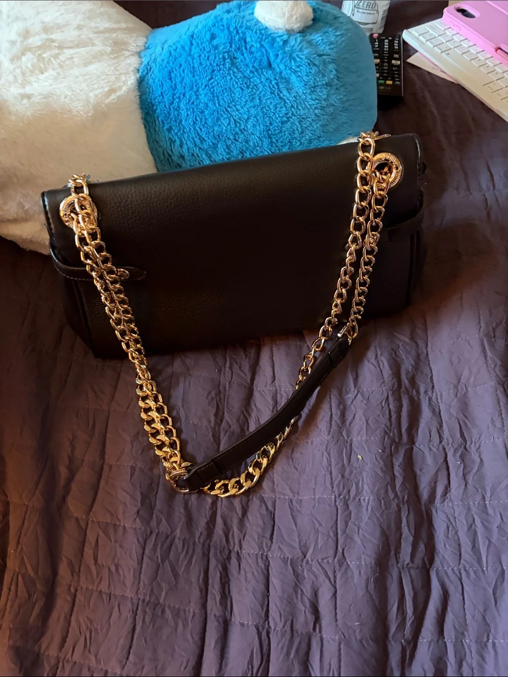 Juicy Couture Black Leather Shoulder Bag with Gold Chain & Pink Heart Charm